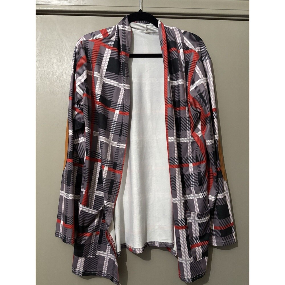 Red Gray And Black Plaid Cardigan With Suede Elbow Patches Size Large Womens